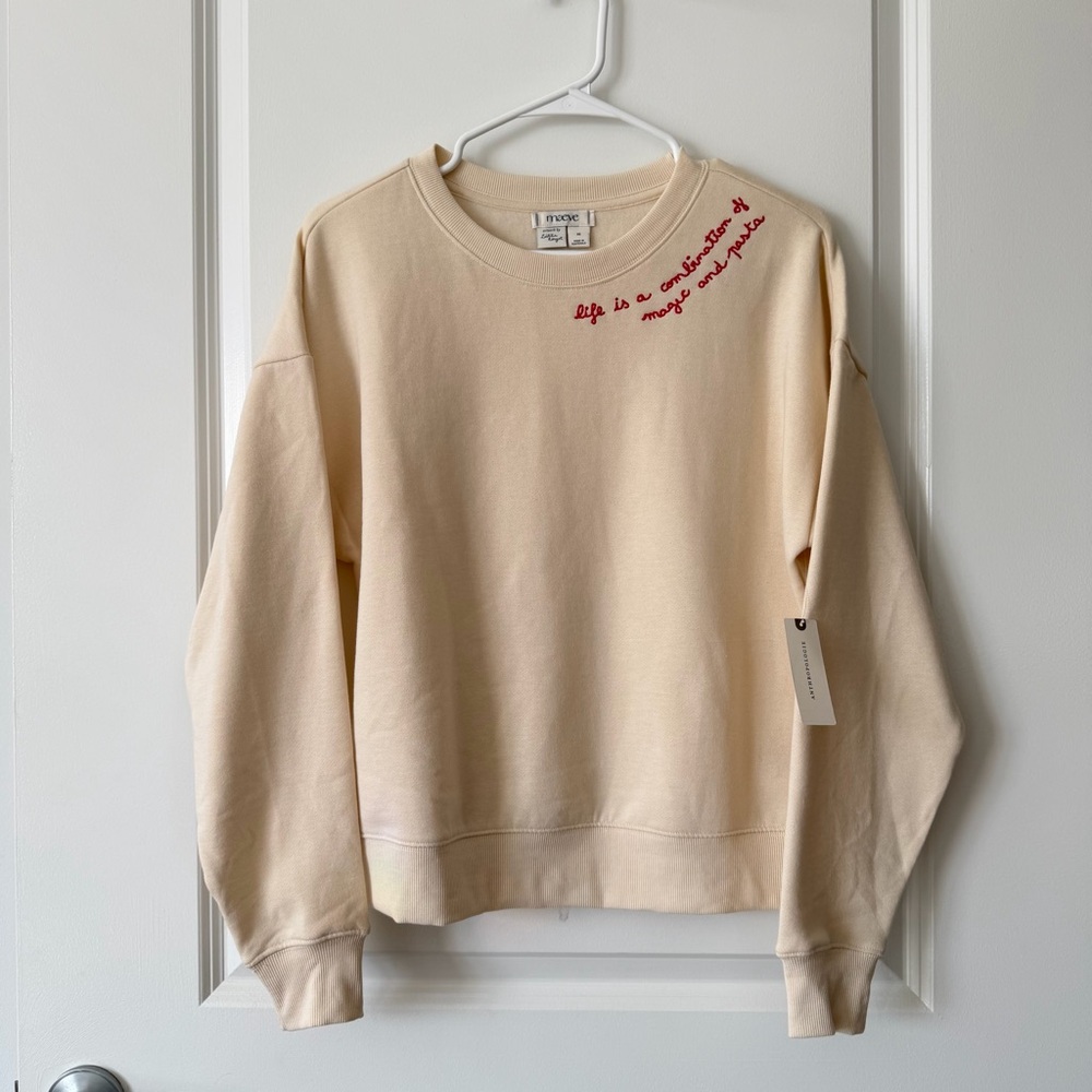 Anthropologie Cute Cream Sweatshirt with Red Embroidery